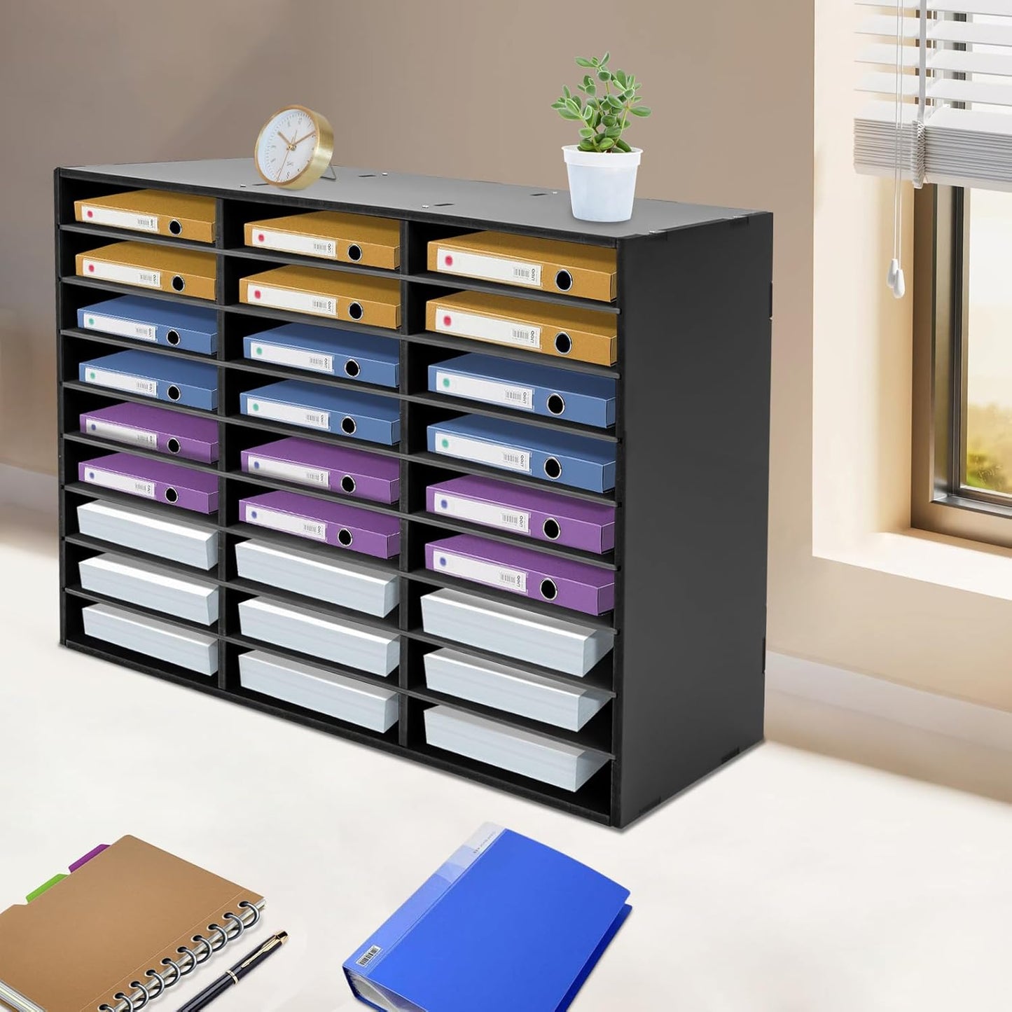 27 Compartments Literature Organizer, Desktop File Sorter Mail Center Paper Storage Cabinet Classroom Mailbox for Files Documents Papers Magazines(White) (Black 27Slots 1)