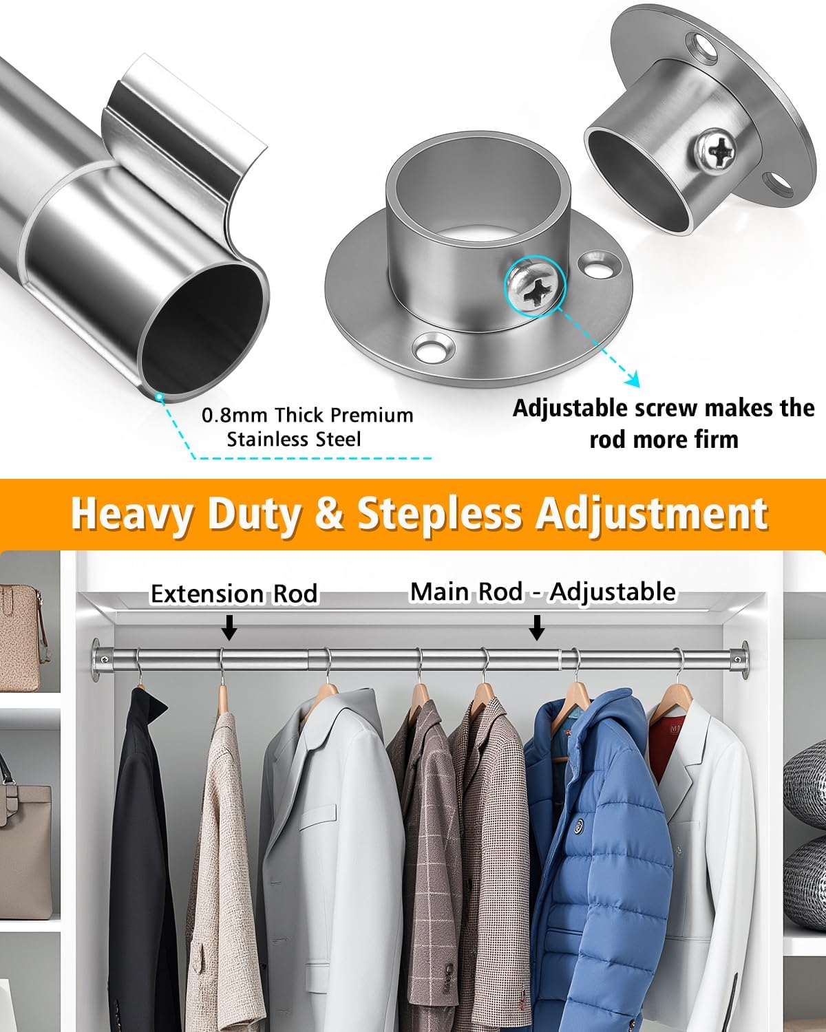 Closet Rods for Hanging Clothes, 17-76 Inch Heavy Duty and Stepless Adjustable Closet Poles, Stainless Steel Closet Hanging Rod for Closet, Wardrobes, Laundry Room, Bathroom, RV (Silver)