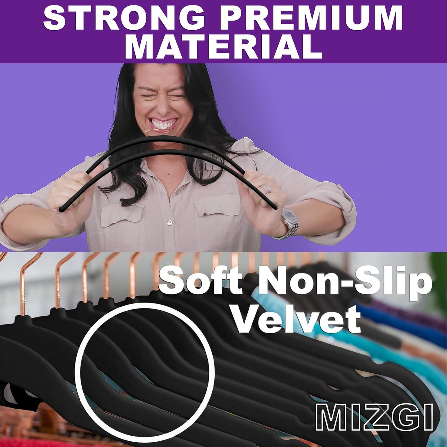 MIZGI Premium Velvet Hangers (50 Pack) Heavy Duty - Non Slip Felt Hangers - Velvet Suit Hanger Black - Rose Gold Hooks,Space Saving Clothes Hanger