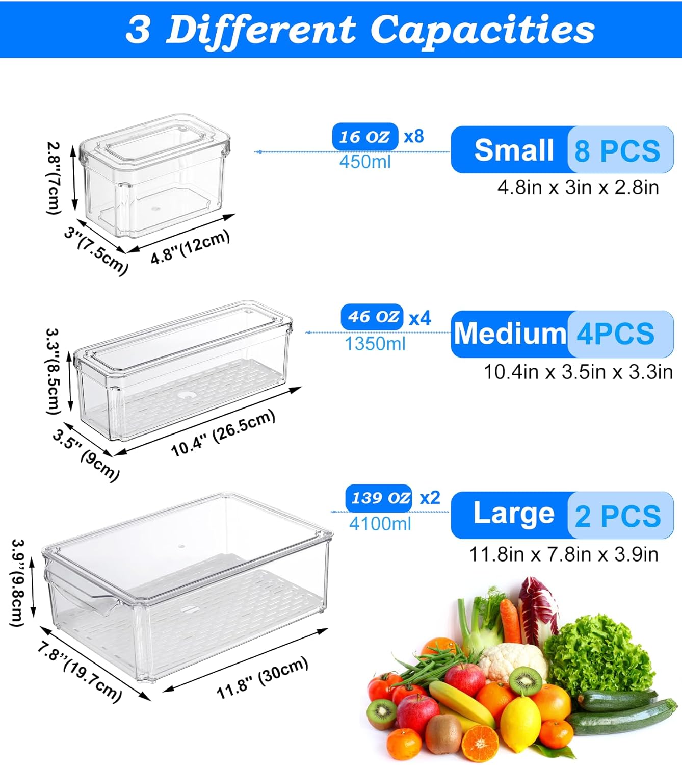 14-Pack Clear Fridge Organizer Bins with Lids, Stackable Refrigerator Storage Containers, BPA-Free with Drain Tray & Anti-Slip Base for Fruits, Veggies, Drinks
