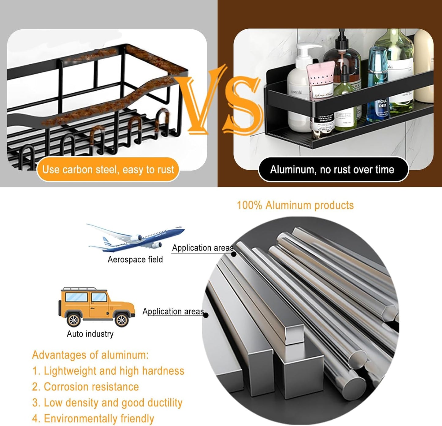 Shower Shelf 4 Pack - Bathroom Shower Shelf Rust-Proof Aluminum Adhesive Installation No Drilling Required, Suitable for Bathroom Storage and Home Decoration
