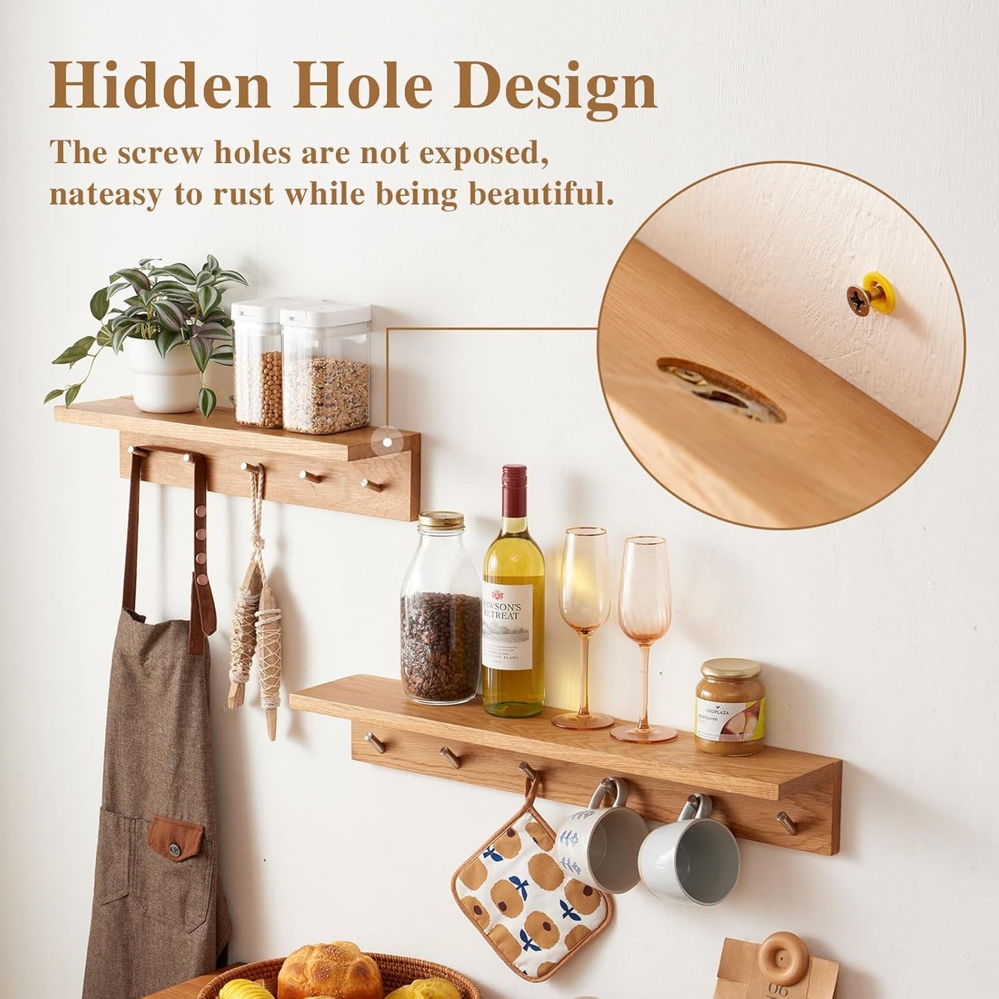 Oak Wood Coat Rack Wall Mount With Shelf 27.5 Inch Long, Entryway Floating Shelf With 6 Hooks for Bathroom, Hallway, Living Room