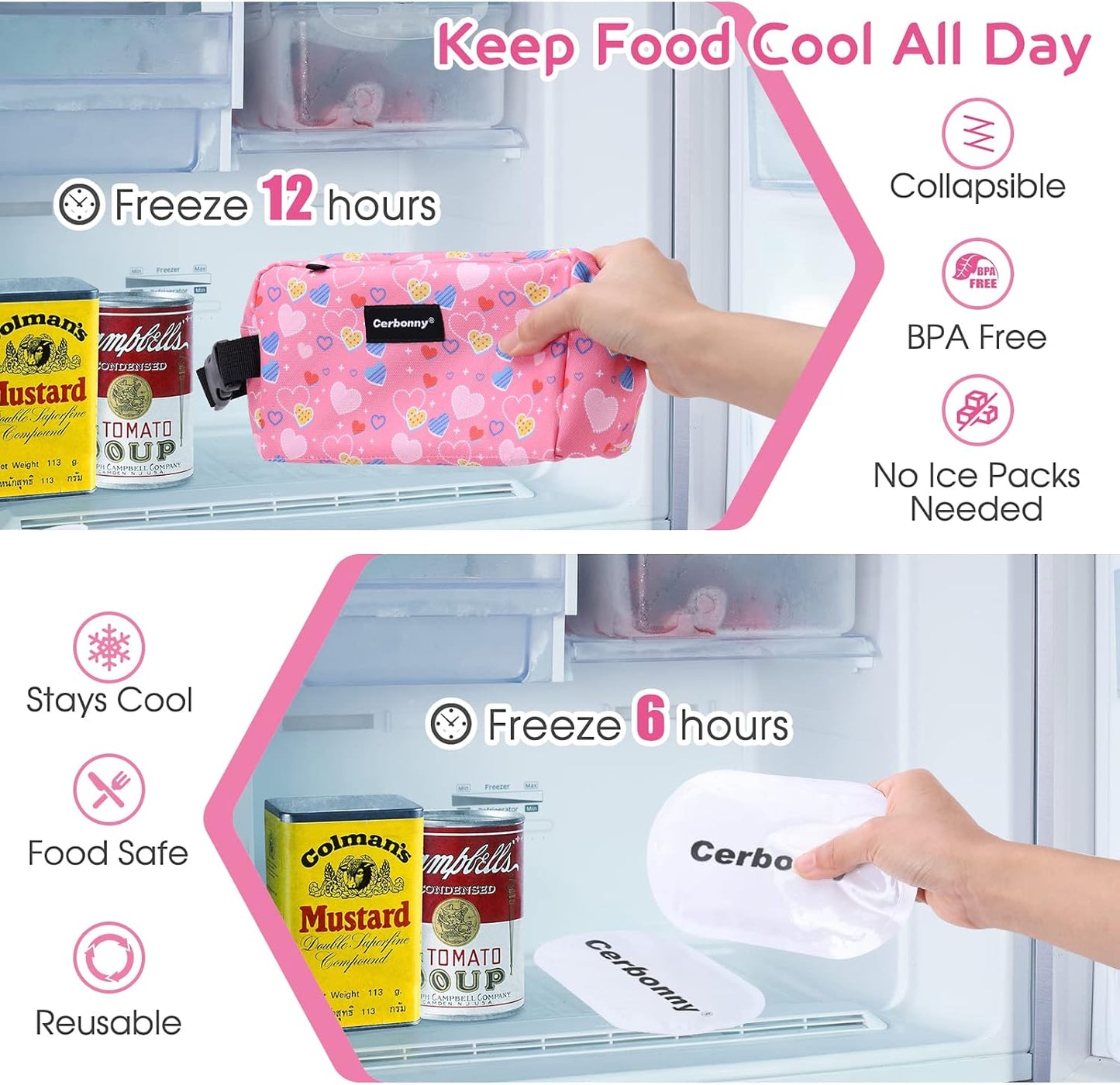 Cerbonny Freezable Lunch Bag, Pink-S, Unisex, PVC Material, 5 x 9 x 4 Inches, Keeps Food Cool