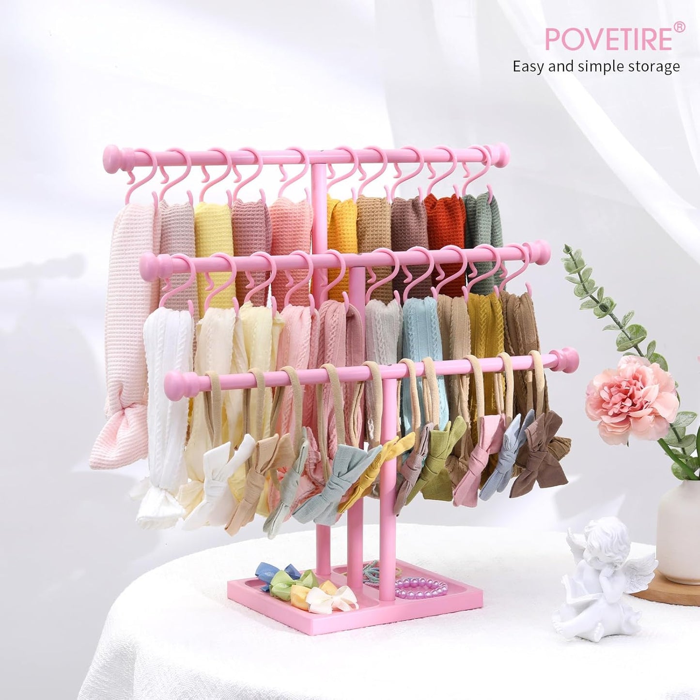 POVETIRE Headband Holder Stand Storage for Baby, 3 Tier Wooden Bow Organizer for Girls Hair Bows, Infant Hair Accessories Rack Display for Nursery Decor
