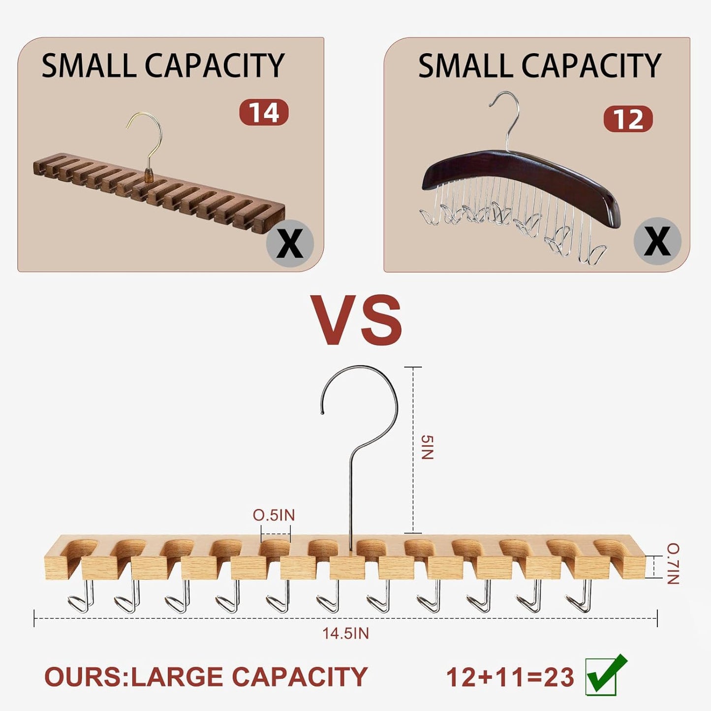 Belt Hanger for Closet Max 42 Belts, 2-in-1 Wall Mount Belt Organizer with 360° Rotating Hooks, Wooden Tie and Belt Rack for Closet Accessories Organizers and Storage, 12+11 Storage