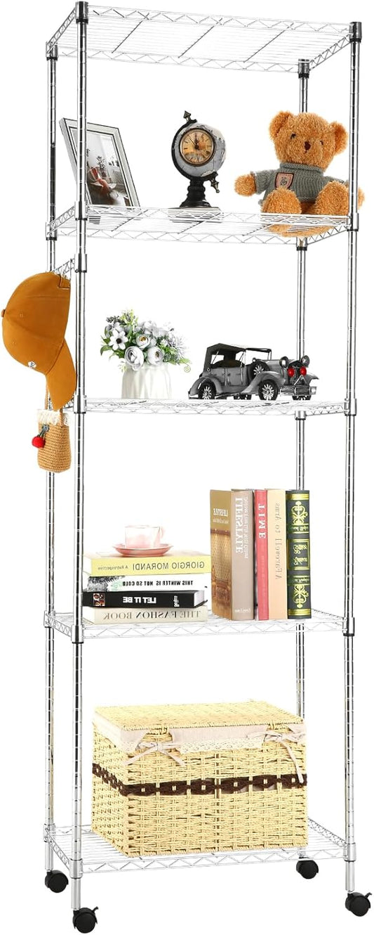 Himimi 5-Tier Storage Shelf Wire Shelving Unit on Wheels Heavy Duty Metal Shelves Adjustable Steel Rack Organization for Kitchen Garage Basement, Silver