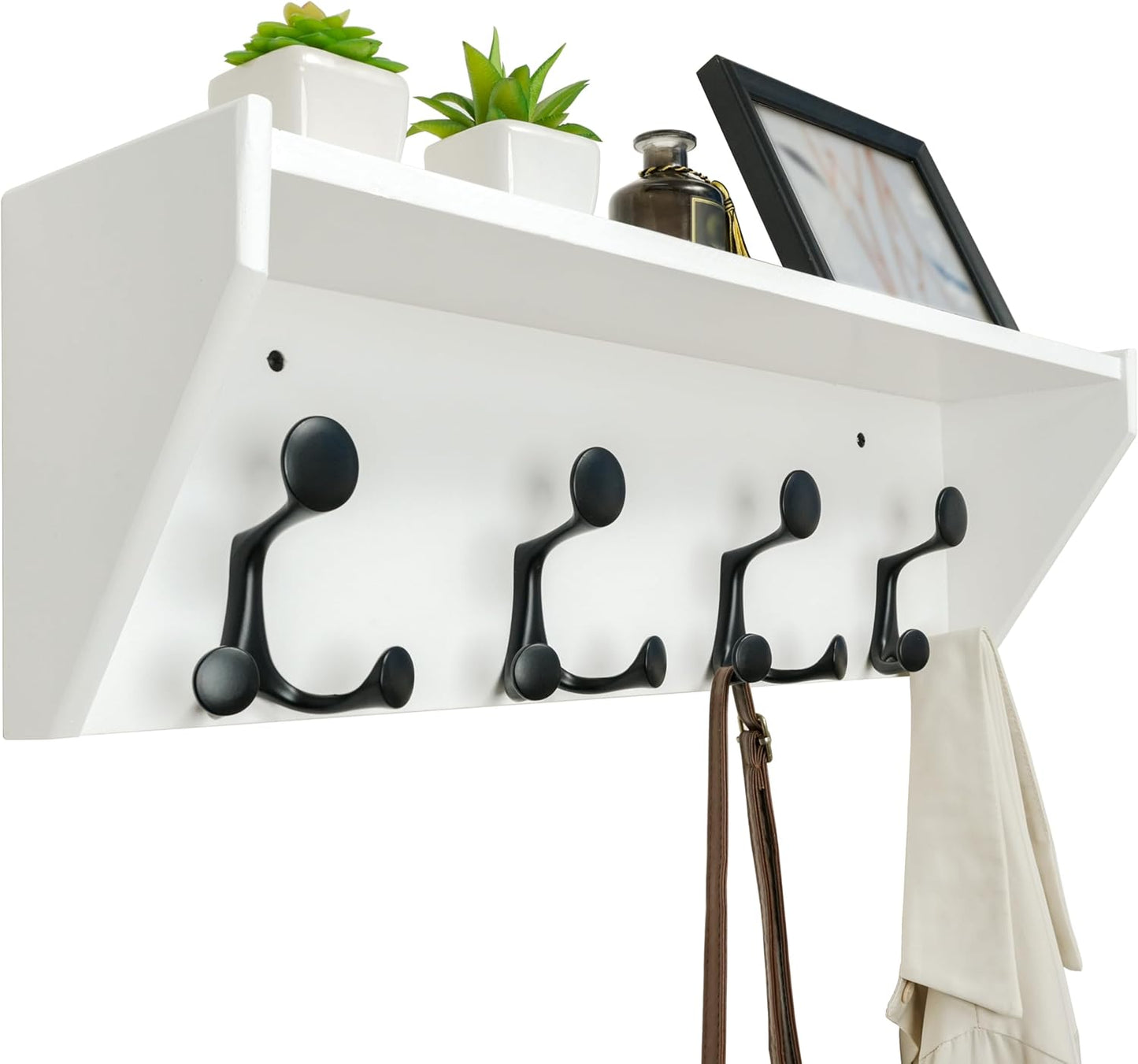 WEBI Wall Shelf with Hooks Underneath,24” Long Wall Mounted Coat Rack with Shelf,Entryway Coat Rack with 4 Triple Hooks for Hanging Coats,Jacket,Hallway,Bedroom,Mudroom,White