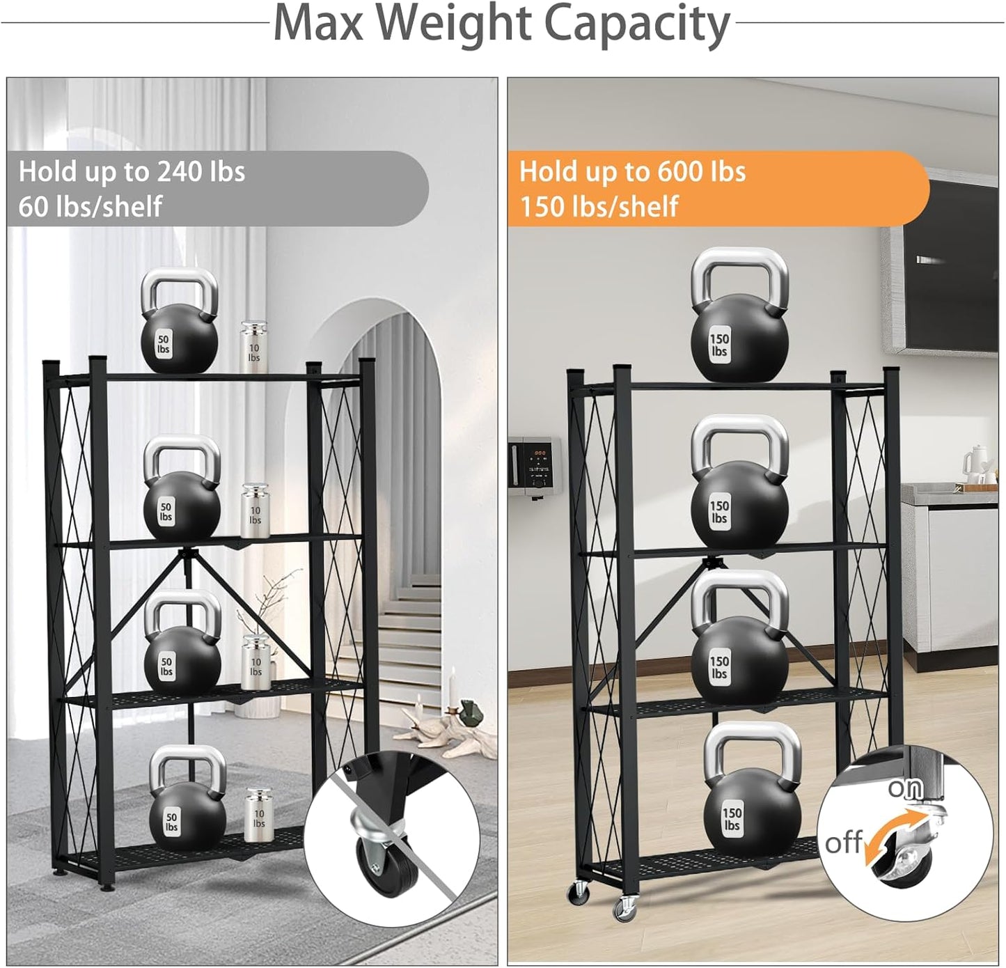 4 Tier Foldable Storage Shelf with Wheels, Heavy Duty Folding Shelf Loads 600 LBS, Metal Steel Collapsible Shelves, Rolling Standing Utility Rack for Kitchen, Pantry, Office, Black