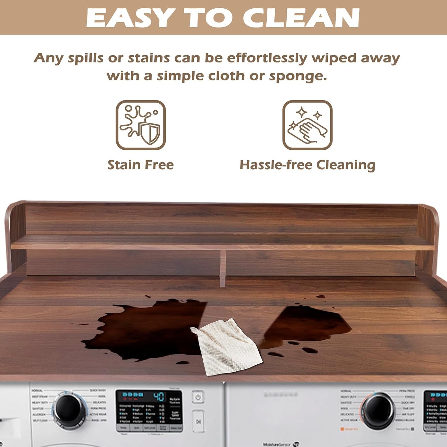 Royxen Laundry Countertop with 2-Tier Shelf Universal Fit, Washer and Dryer Countertop with Storage Space, Shelf Height 11.5 Inches, Solid Wood Core, Walnut