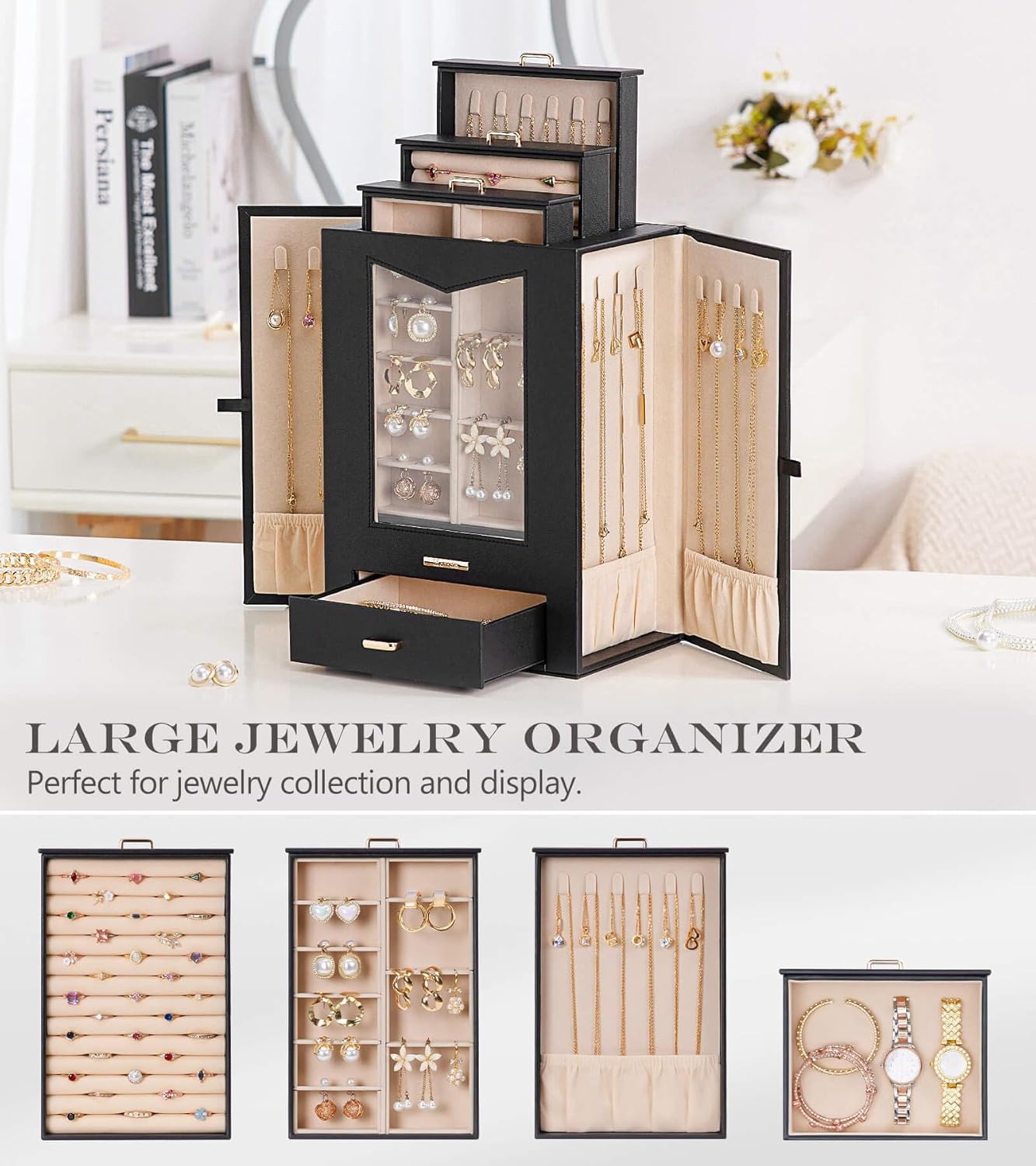 Homde Jewelry Organizer with Transparent Window Necklace Hooks Gift for Women Jewelry Box Display Case for Necklaces Rings Earrings Bracelets and Other Jewelry Accessories (Black + Gold)
