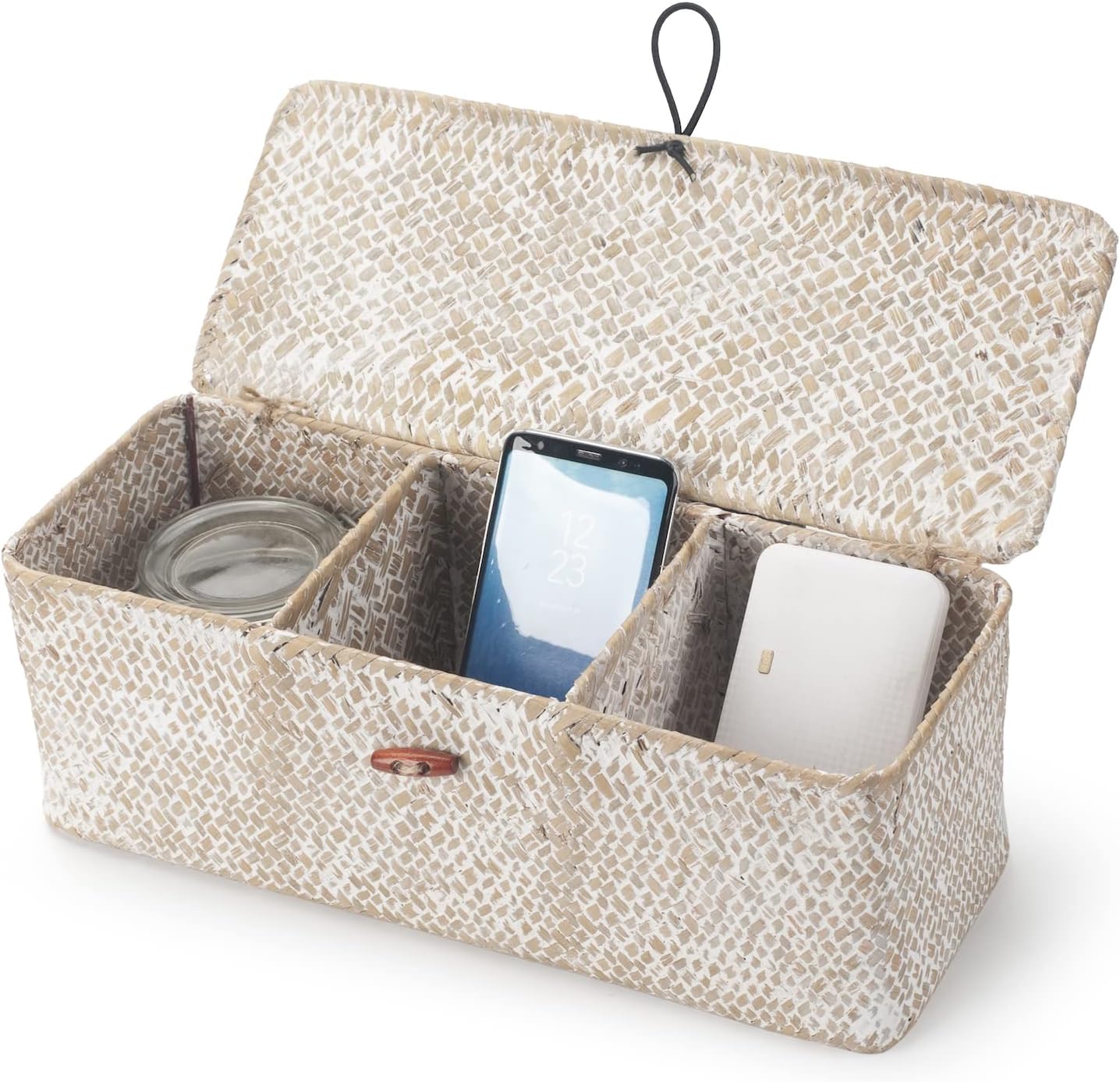 Seagrass Storage Basket with Lid Rectangular Small Woven Shelf Baskets with Sections for Organize Snack Toys Whitewash