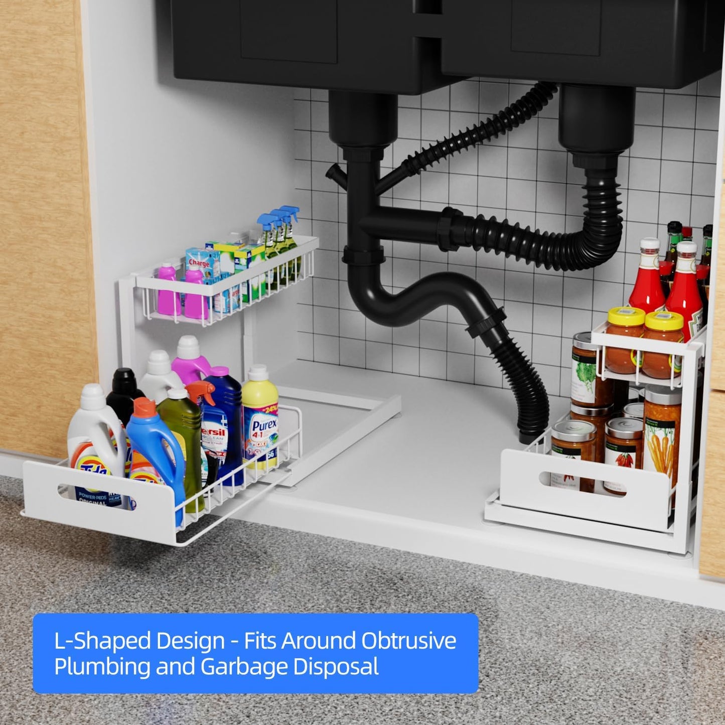2-Tier Under Sink Slide Out Organizer, Pull Out Cabinet Storage Shelf with Sliding Wire Basket Drawer for Bathroom Kitchen, Countertop or Pantry Shelf, White