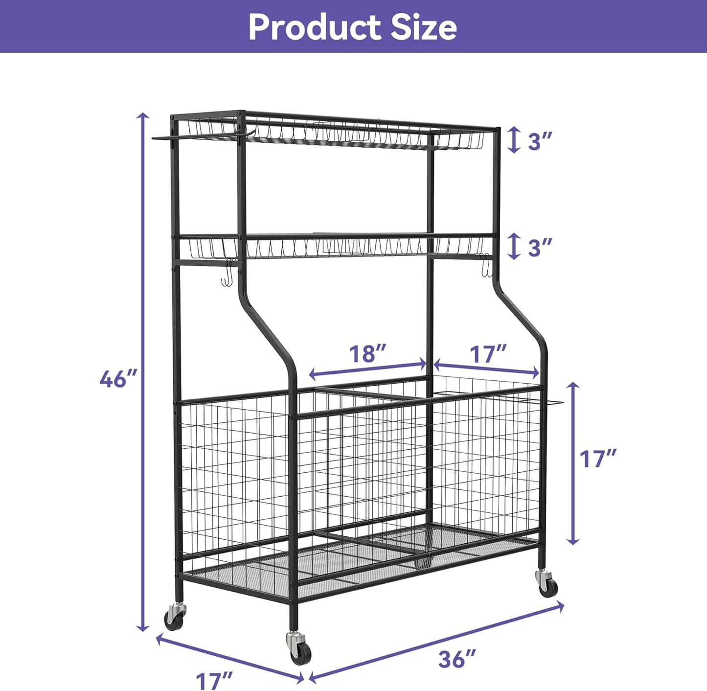WALMANN Garage Ball and Sports Equipment Organizer, Ball Storage Rack Indoor/Outdoor Kids Ball/Toy Storage Organizer Bins, Rolling Ball Cart with Baskets