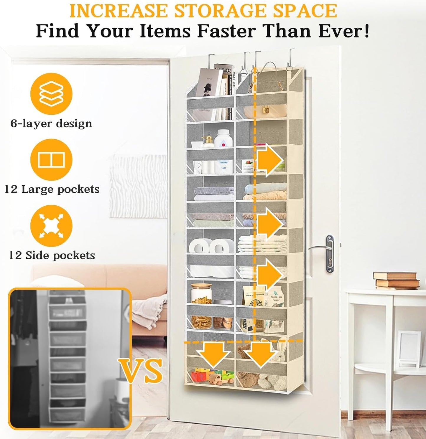 Over The Door Organizer 6 Tiers, Extra Large Behind Door Storage of 12 Compartments, 80 lbs Weight Capacity Hanging Storage Organizer with Clear Window Kids Toys,Shoes,Diapers,Room Storage,Light Grey