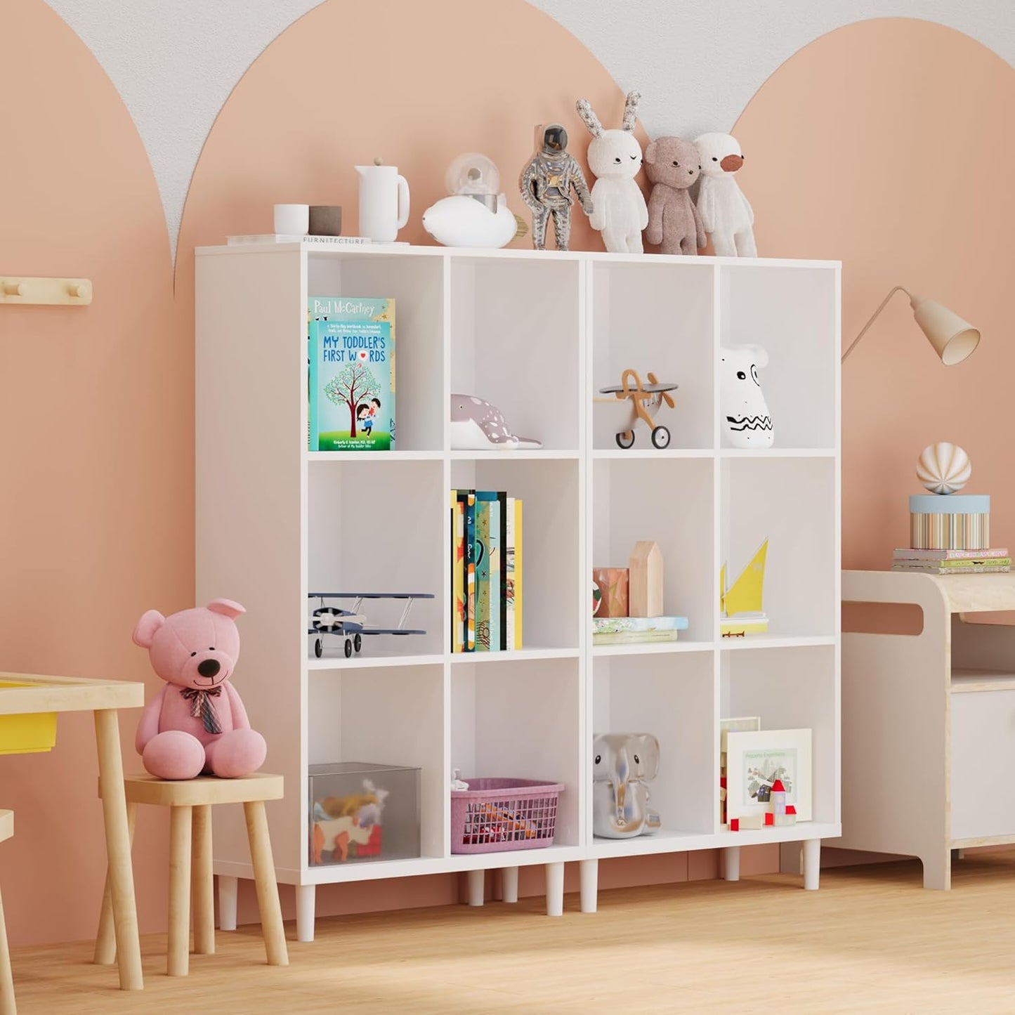 Wood Cube Storage Organizer White Bookshelf - 3-Tier Freestanding Storage Cabinet with Legs for Home Office, 6-Cubes Open Shelf