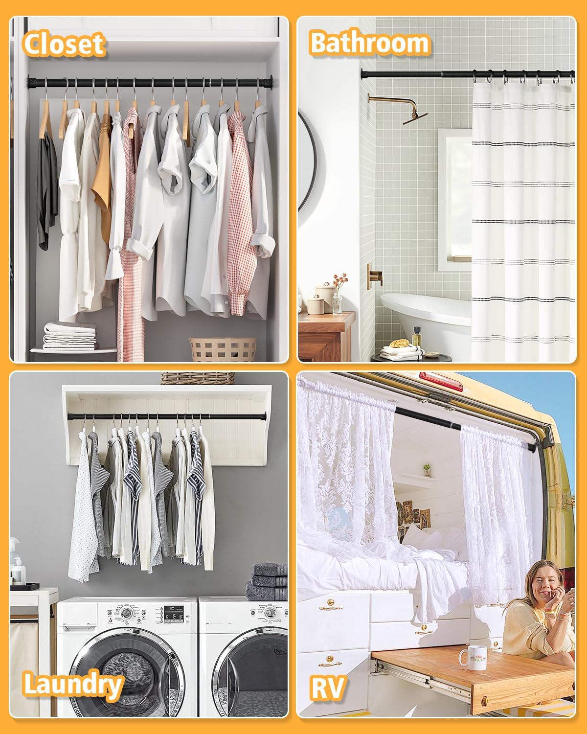 Closet Rod, 17 to 64 Inch Heavy Duty Adjustable Metal Clothing Rack for Hanging Clothes, Closet Poles for Wardrobes, Laundry, Durable Steel, Black