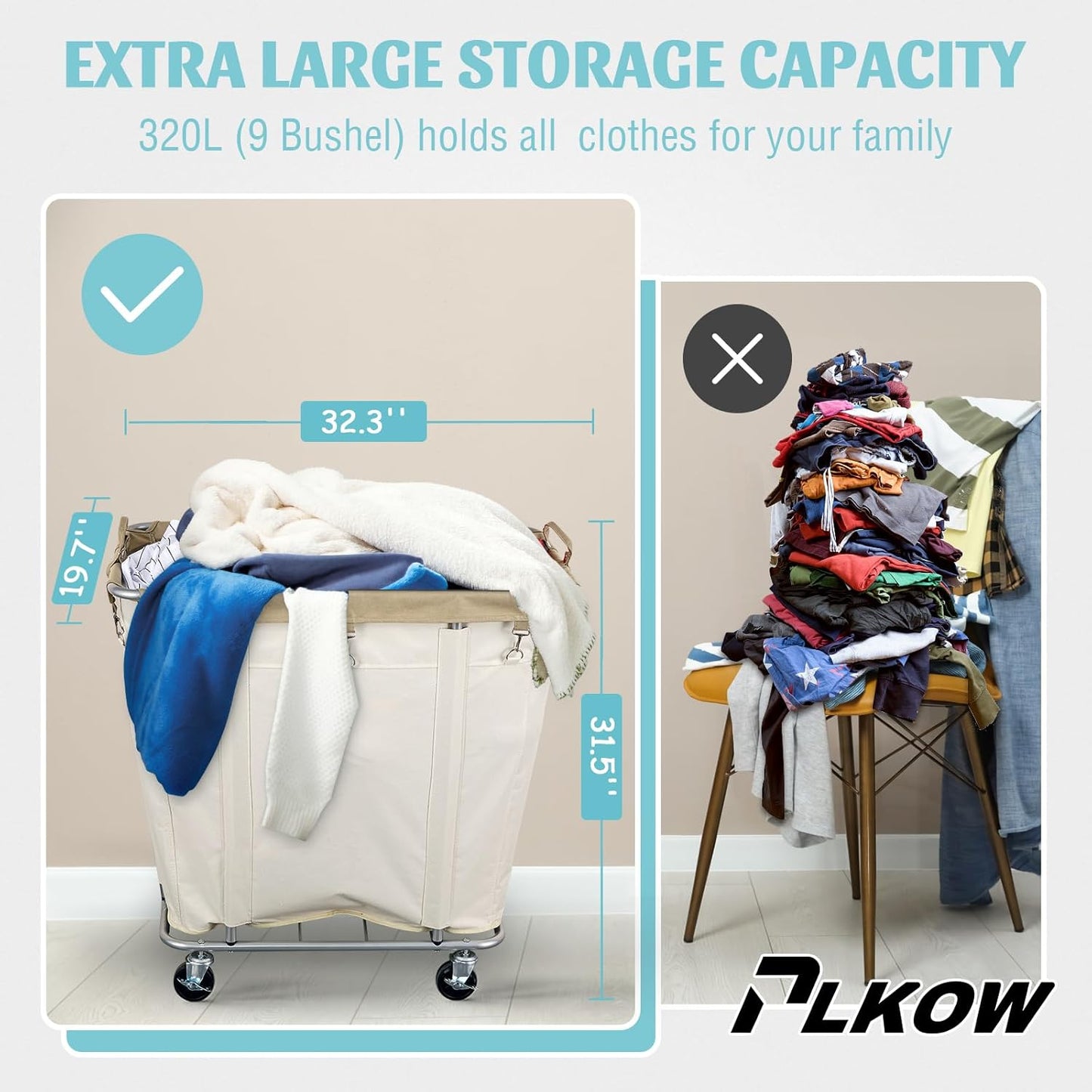 PLKOW Laundry Cart with Wheels 320L Large Rolling Laundry Cart for Commercial/Home, Rolling Laundry Basket with Steel Frame and Waterproof Lining, 9 Bushel, 32.3L x 19.7W x 30.7H Inch, Beige