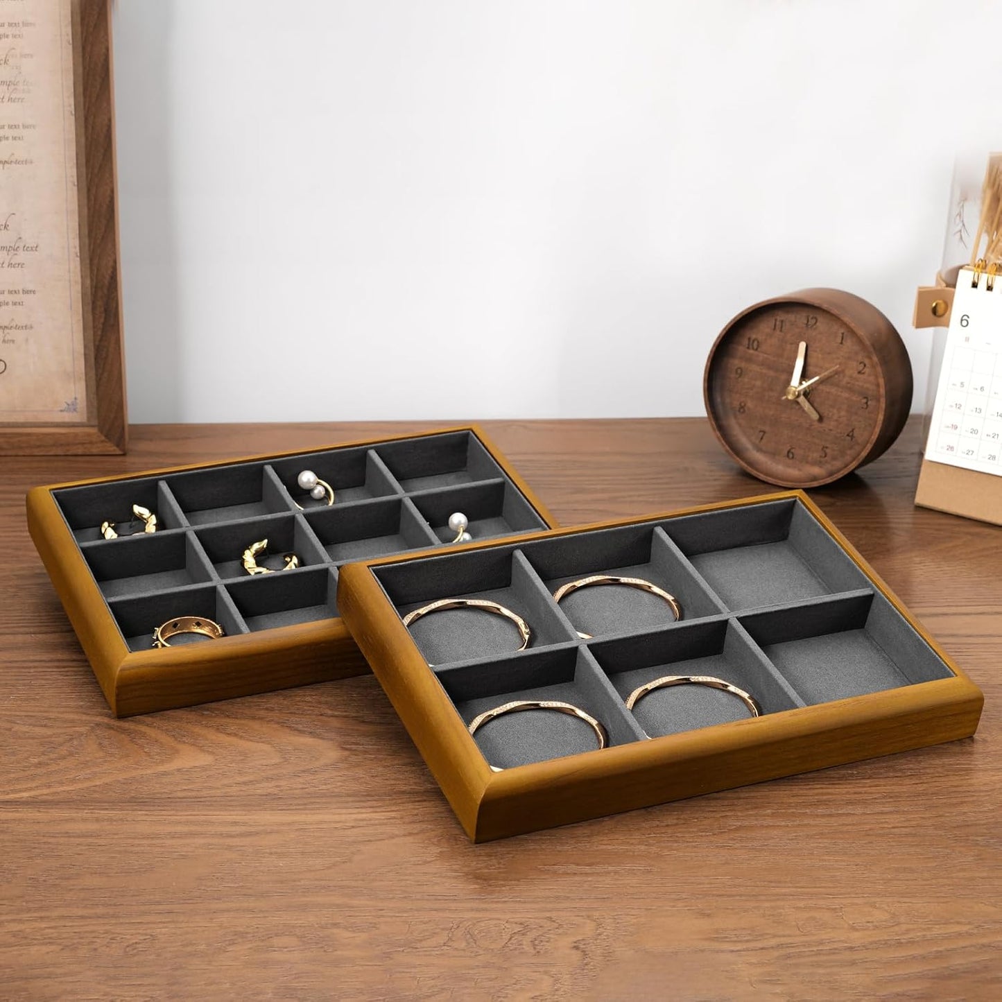 Oirlv Solid Wood 12 Grid Jewelry Organizer Tray Jewelry Drawer Organizer for Rings Earrings Storage Display(Grey)