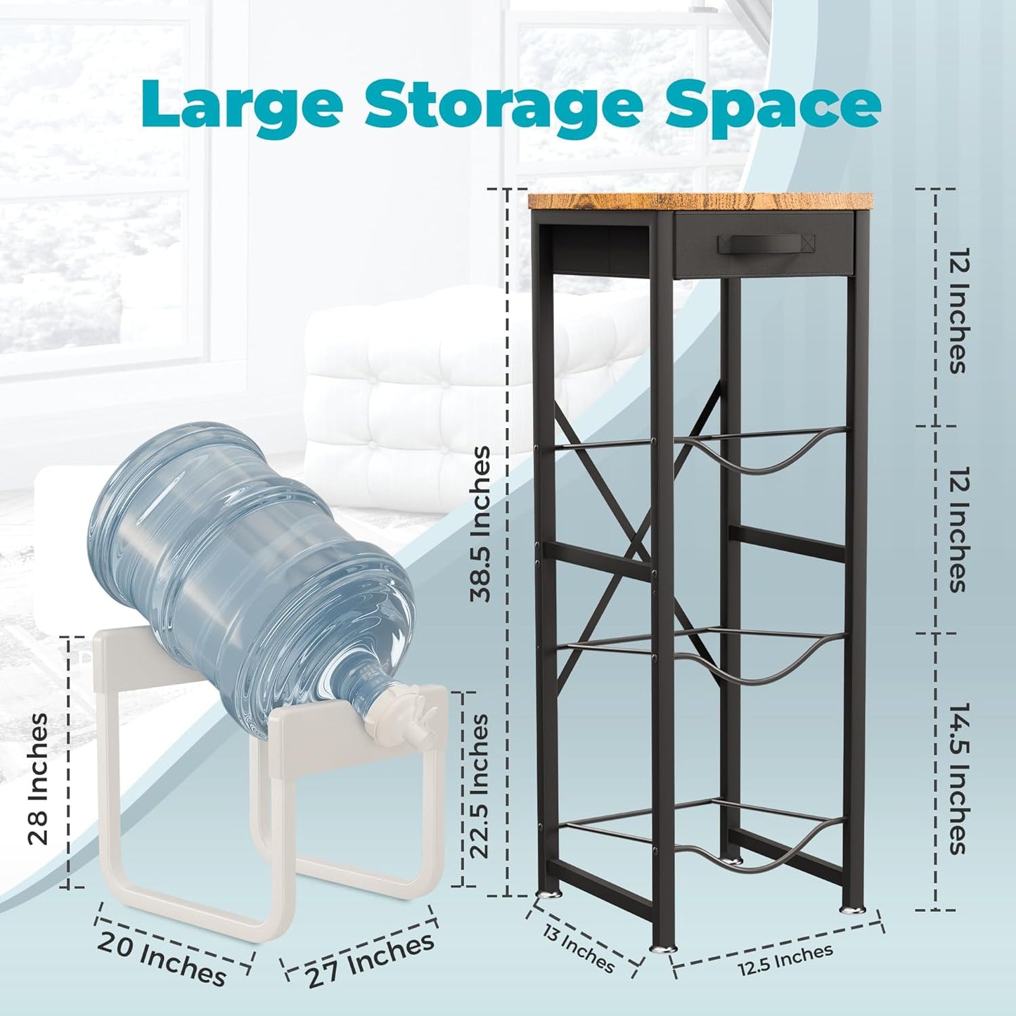 5 Gallon Water Jug Stand & Holder – 3-Tier Water Bottle Rack Organizer with Stainless Steel Stand, BPA-Free Fast-Flow Spout, Heavy-Duty Wood Top Shelf for Kitchen & Office
