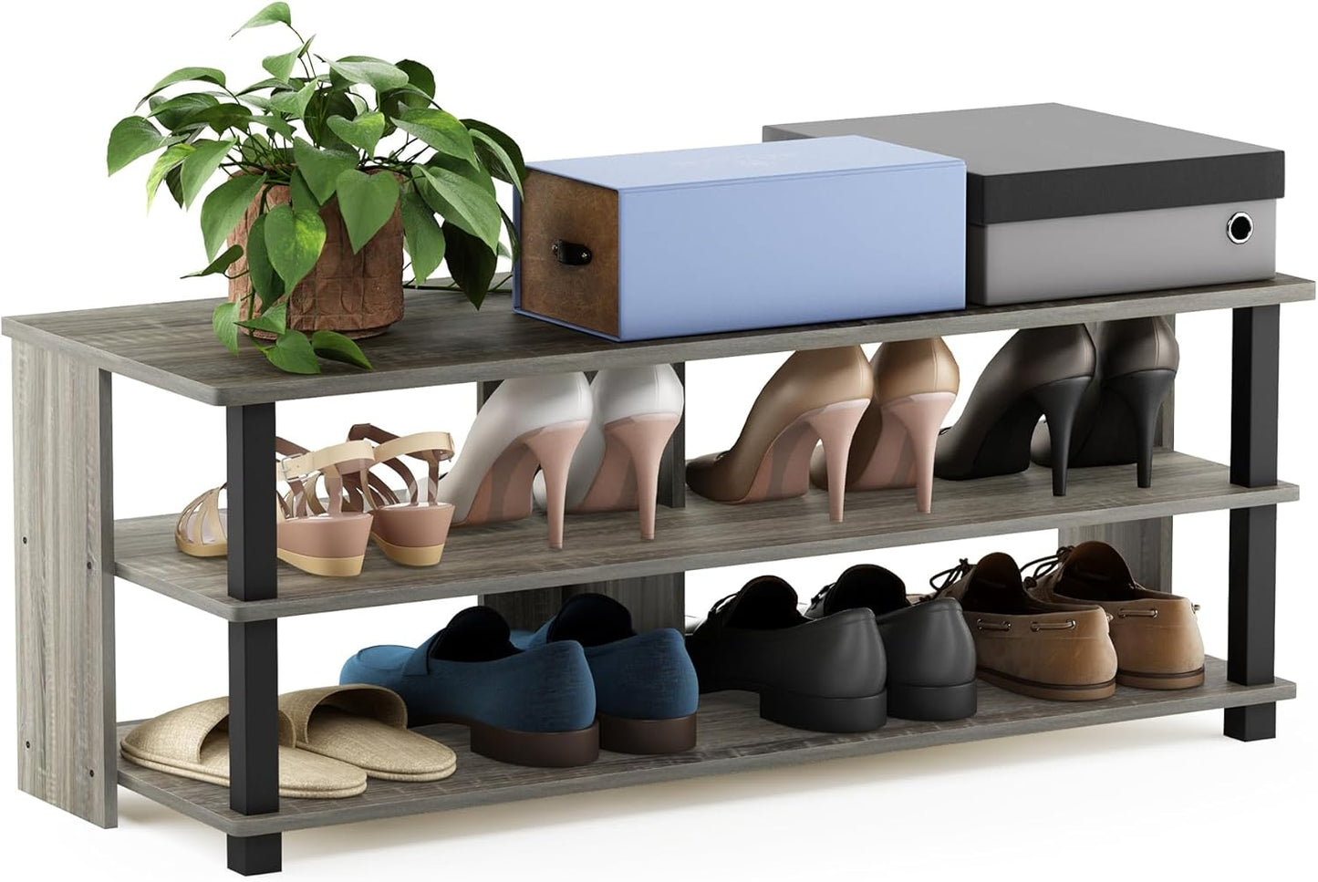 Furinno Turn-N-Tube Shoe Rack, 3-Tier Shoe Organizer, Compact Shoe Storage with Open Shelves, 15.5 x 41.1 x 15.8, for Closet Entryway, Office, Garage, French Oak/Black