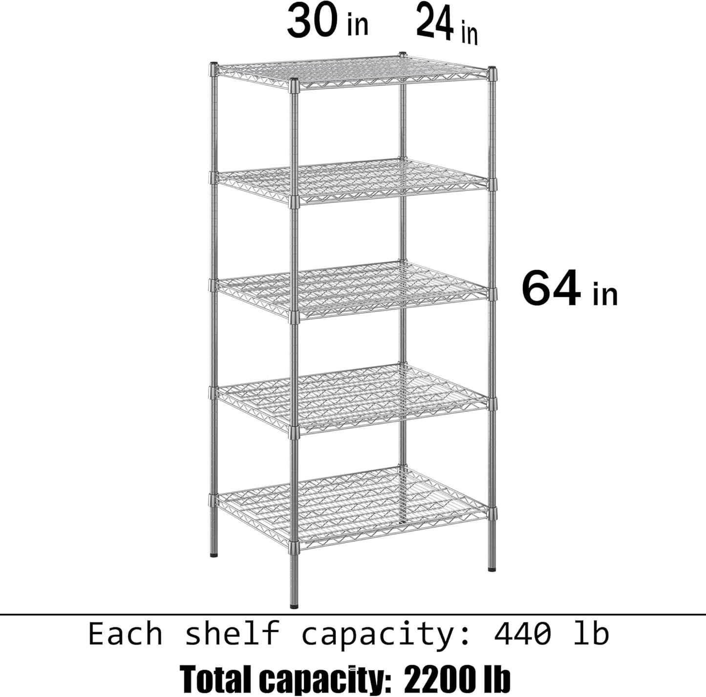 24" Deep x 30" Wide x 64" Height Wire Shelving Kit | 5-Tier | NSF Commercial Storage Rack Unit
