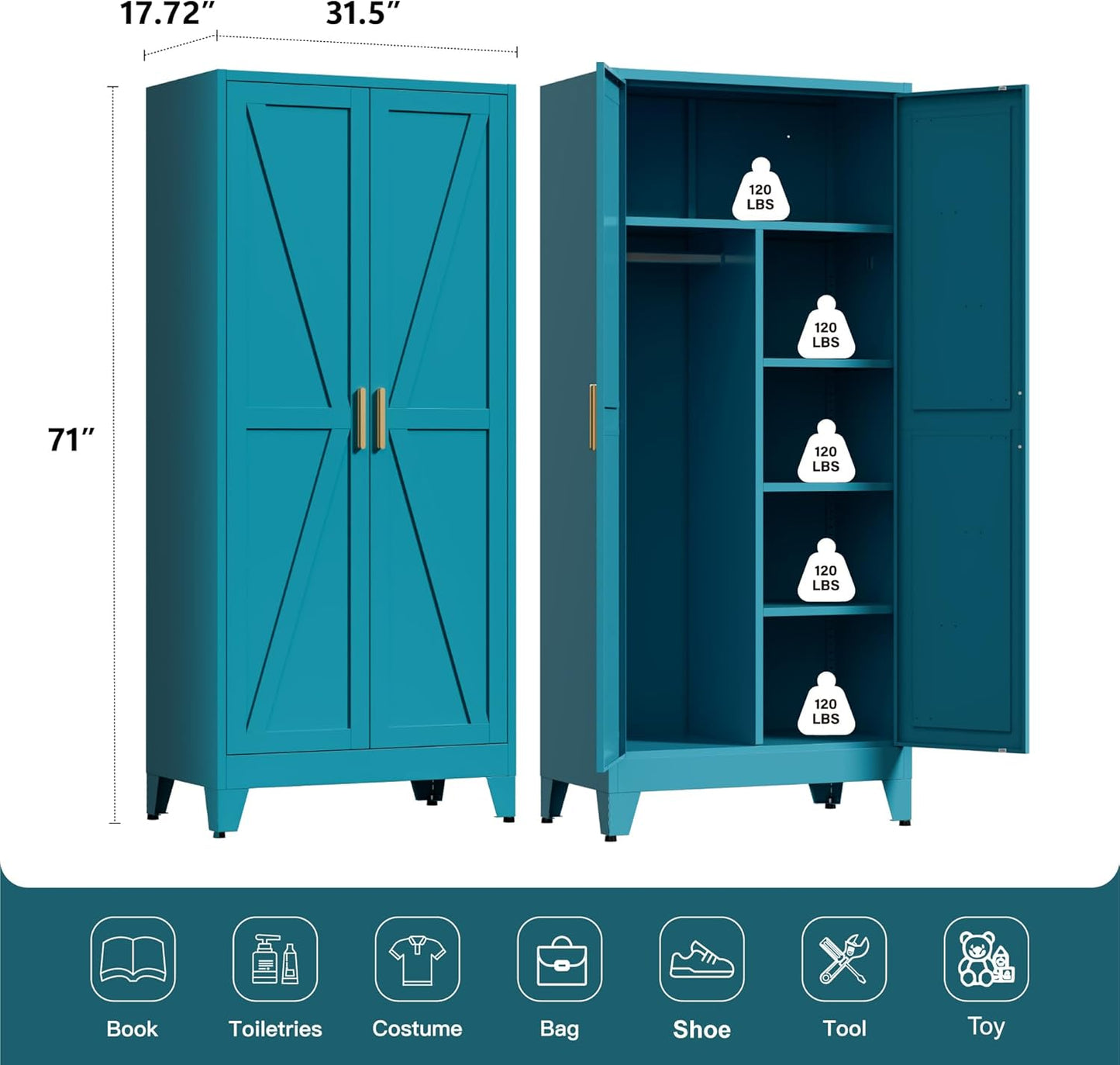 71" Tall Metal Wardrobe Closet with Adjustable Shelves and Hanging Rod, 2 Doors Office Storage Locker Cabinet for Home, Office, Bedroom, Laundry Room, Blue
