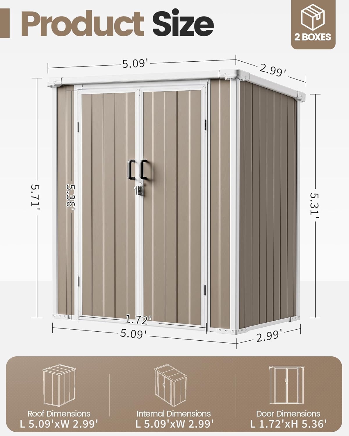 5x3 ft Outdoor Storage Shed with Floor, All-Weather Resin Tool Shed with 2 Shelves, Heavy-Duty Garden Shed for Yard, Bicycle, and Lawn Equipment, Easy Assembly, Warm Gray