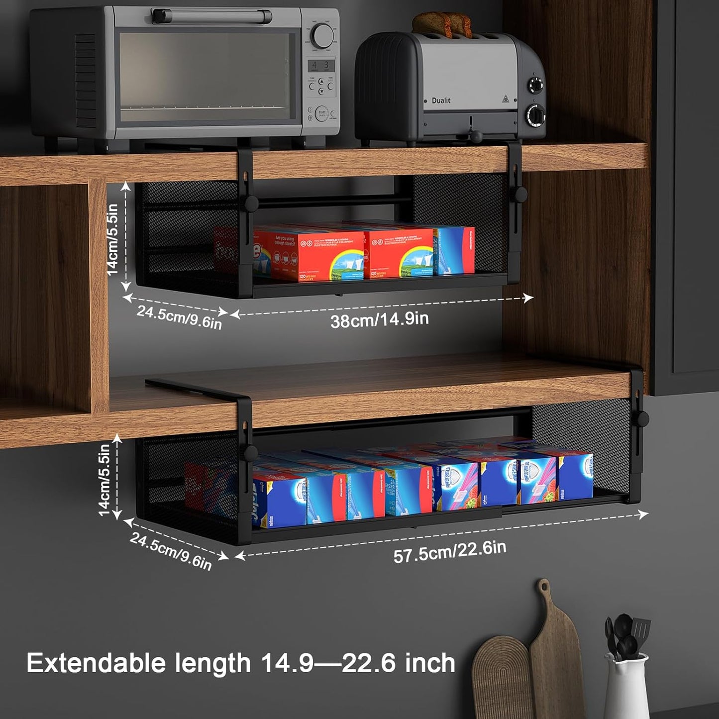 2Pack Under Shelf Basket, Adjustable Hanging Under Cabinet Shelf Storage, Hanging Holder Length Stretchable 14.9-22.6Inch for Kitchen Pantry Desk Counter Bookshelf Cupboard (Black)