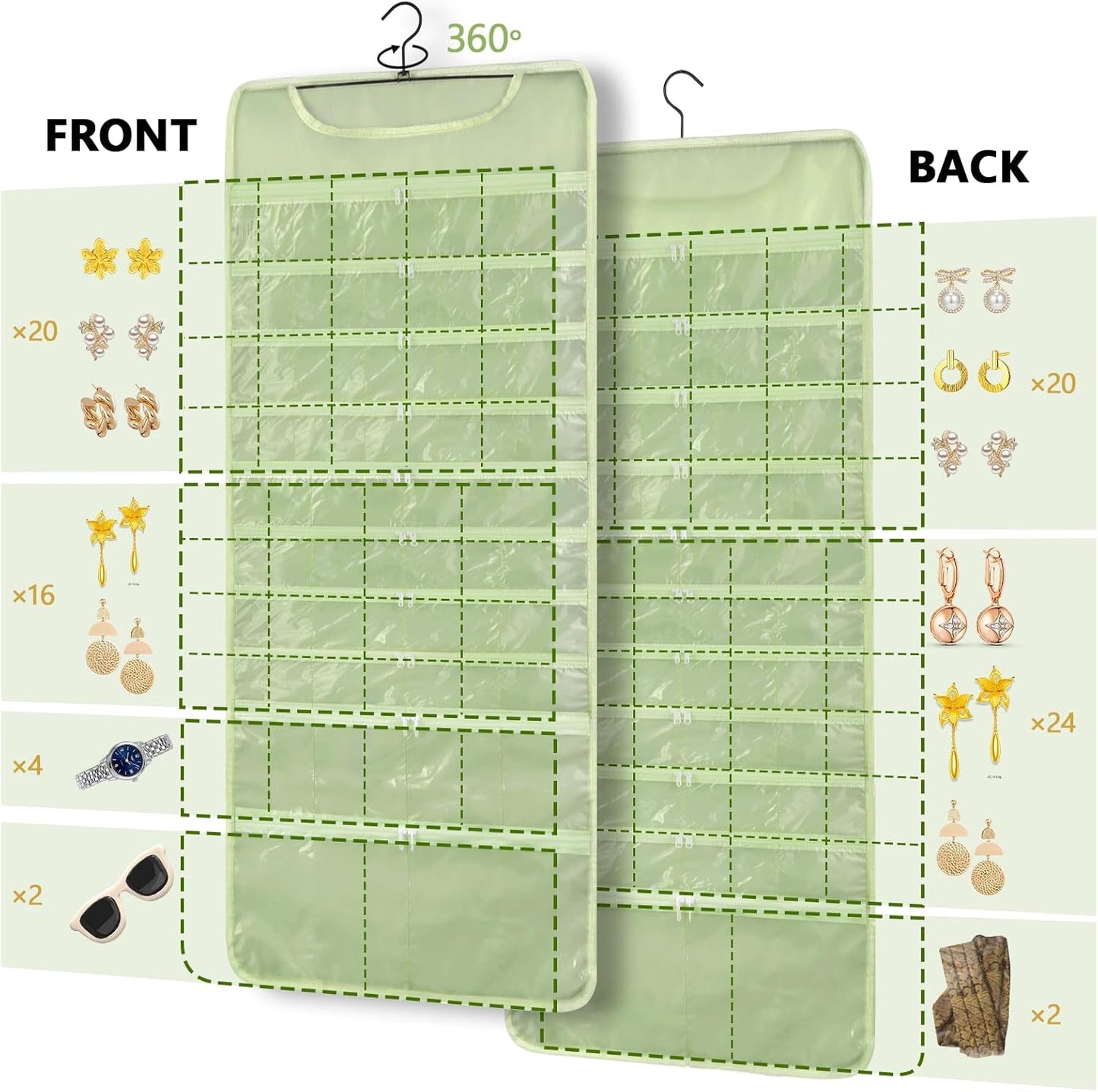 FOREGOER Hanging Jewelry Organizer with 88 Zippered Pockets, Dustproof Foldable for Travel, Accessories Organizer for Holding Jewelries, Earring Organizers and Storage (Green)