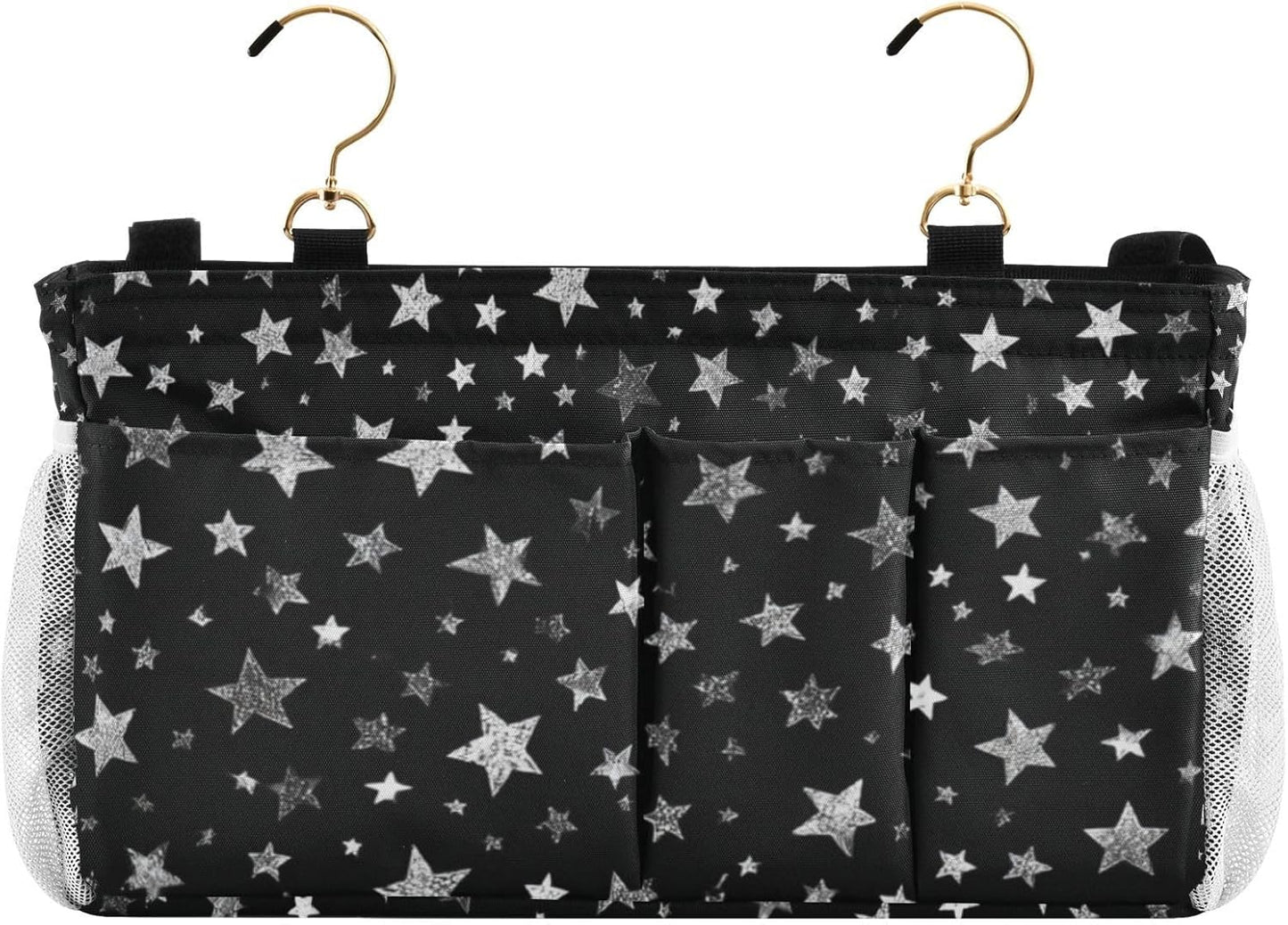 Sparkly Silver Stars Bedside Caddy for Dorm Bed Bedside Hanging Caddy Bag Iron Frame Storage Organizer Pocket for Bunk Home College Hospital Beds 2 Hooks