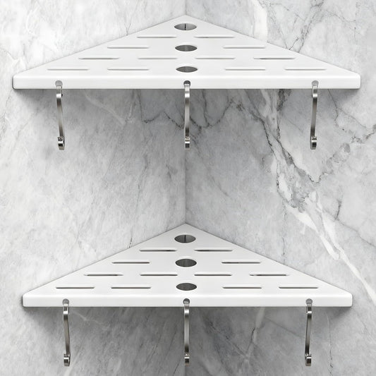 Shower Corner Shelf 304 Stainless Steel Shower Caddy 2 Tier Shower Organizer Niche Extra 6 Hangers Shelves 40 lbs Large Capacity Bathroom Storage for Inside Anti-Rust Drilling Installation(White)