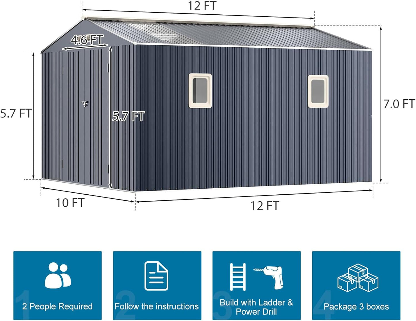 Restland 10x12 FT Metal Storage Shed Reinforced Frame Outdoor Shed with Clear Roof, Air Vent & Lockable Door Large Garden Tool Storage Sheds for Backyard, Garden, Lawn
