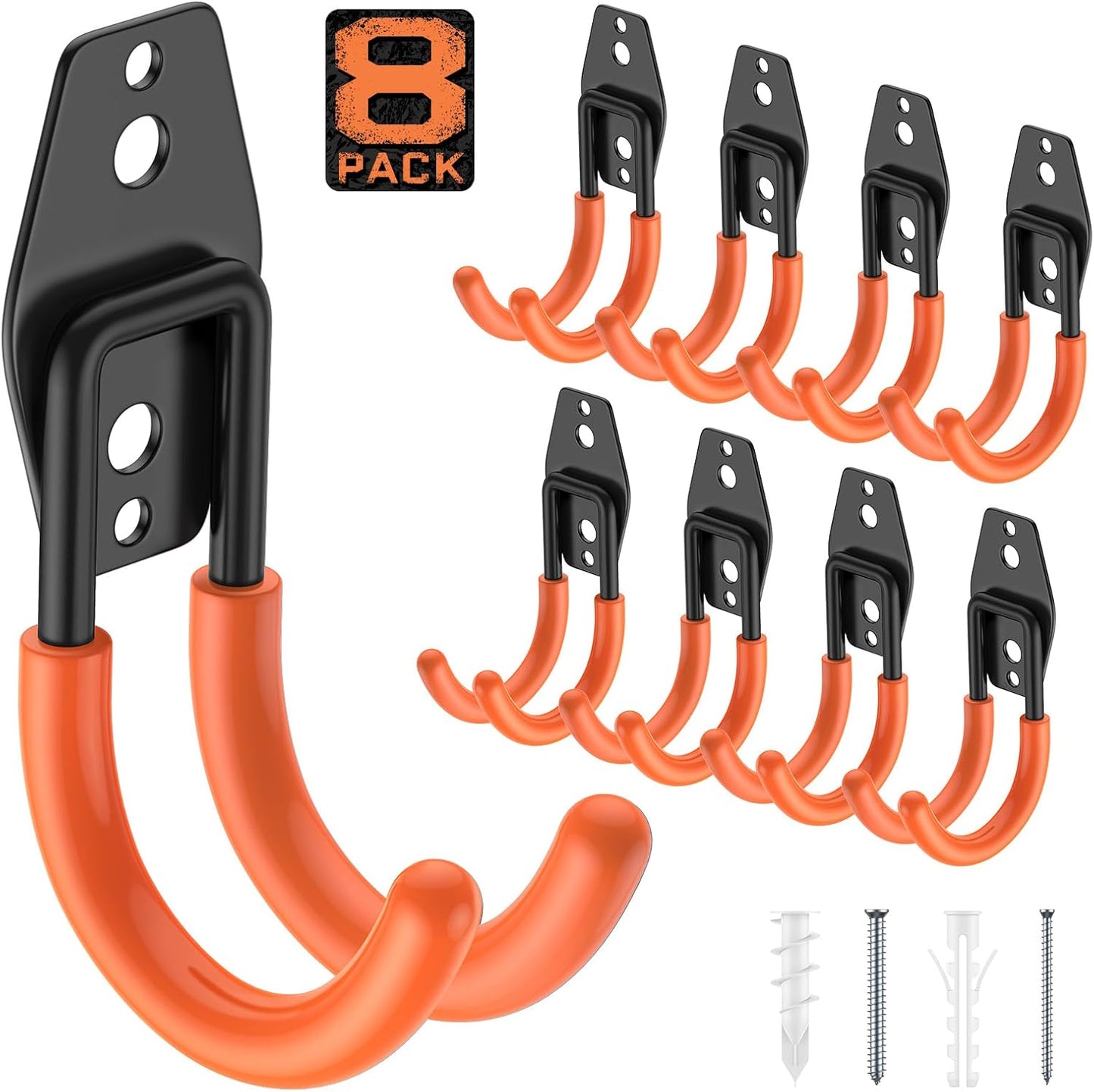 Garage Hooks with Anti-Slip Coating,Heavy Duty Wall Mount Storage Hooks for Hanging Bike,Hose,Ladder,Yard,Garden Tools (8 Pack Orange 4.7x2.6 inch)