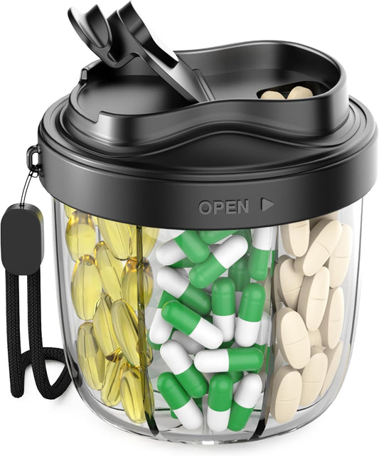 Pill Organizer,Pill Dispenser with 7 Large Compartments,Portable Pill Box for Travel Essentials,Anti-Mix Design & Wide Opening Design,Easy Access to Vitamin Dispenser,Includes 20 Blank Stickers（Black）
