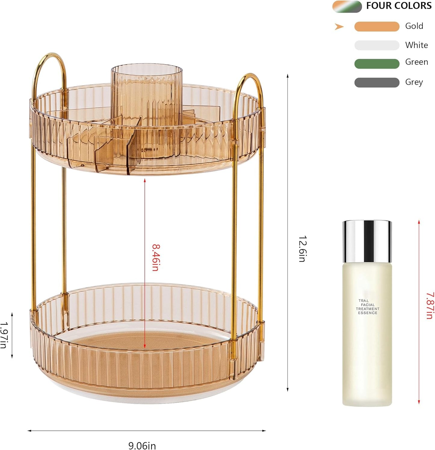 YCIA&DONE Rotating Makeup Organizer for Vanity, Large Capacity Make Up Storage Skin care Shelf Perfume Holders Cosmetic Dresser Organizer Countertop Spinning 360 (Amber Gold, 2Tiers)