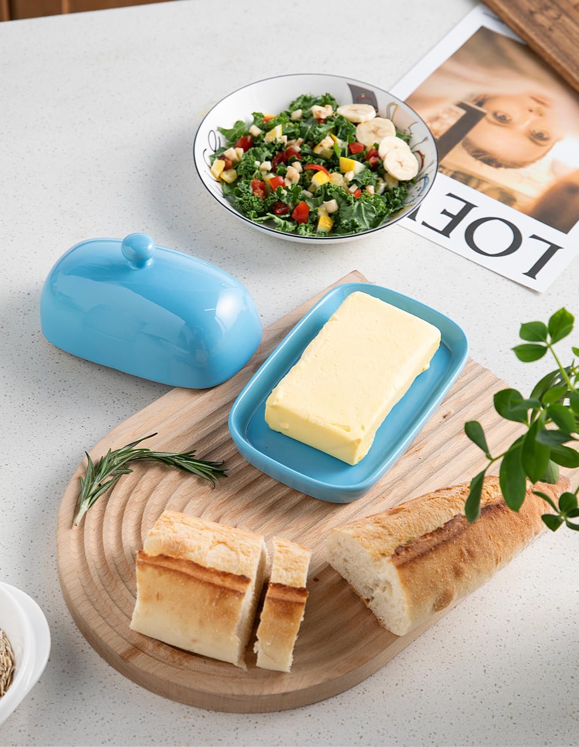 Sweejar Ceramic Butter Dish with Lid for Countertop,Porcelain Butter Keeper with Knob Handle,Butter Container for East/West Coast Butter, 7.1*3.7 inches (Steel blue)