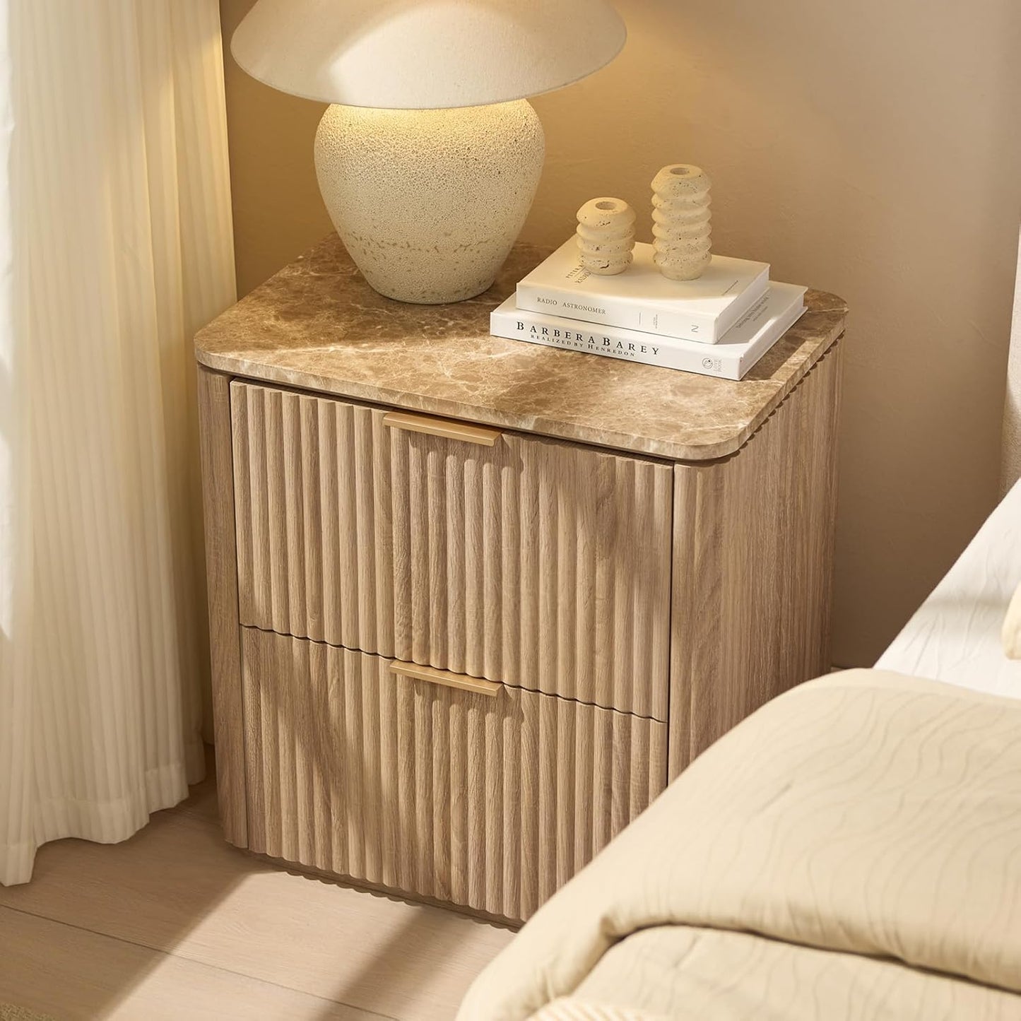 Fluted Nightstand with 2 Drawers, Bedside Table with Faux Marble-Top, Engineered Wood End Table with Curved Corners, Metal Handle, Modern Night Stand for Bedroom, Small Spaces, Natural Oak