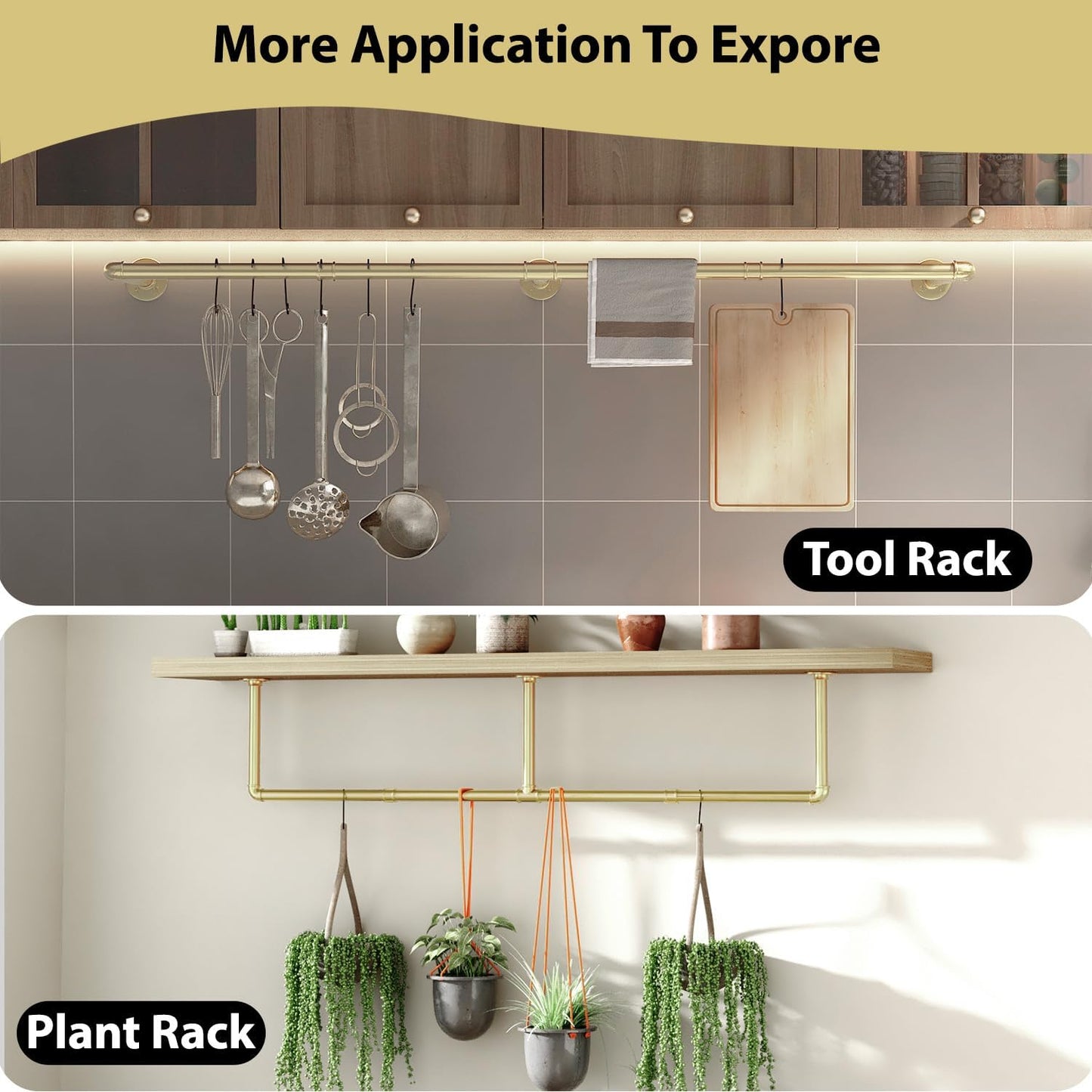 Wall Mounted Clothes Rack, 72" Industrial Pipe Clothing Rack, Heavy Duty Gold Garment Rack Bar, Multi-Function Hanging Clothes Rod for Laundry Room,Bedroom,Dressing Room,Closet Storage
