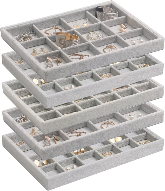 DIOMMELL Set of 5 Stackable Velvet Jewelry Trays Organizer Jewelry Display Showcase Dresser Drawer Organizer Storage Box for Ring Earring Bracelet Necklace Accessary, Grey