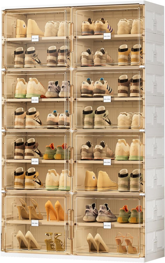 JEKO&JEKO 8 Tiers Foldable Shoe Rack Organizer Cabinet for Closet Entryway, Large Collapsible Shoe Storage Box with Magnetic Doors Fits Up to 32 Pairs (White)
