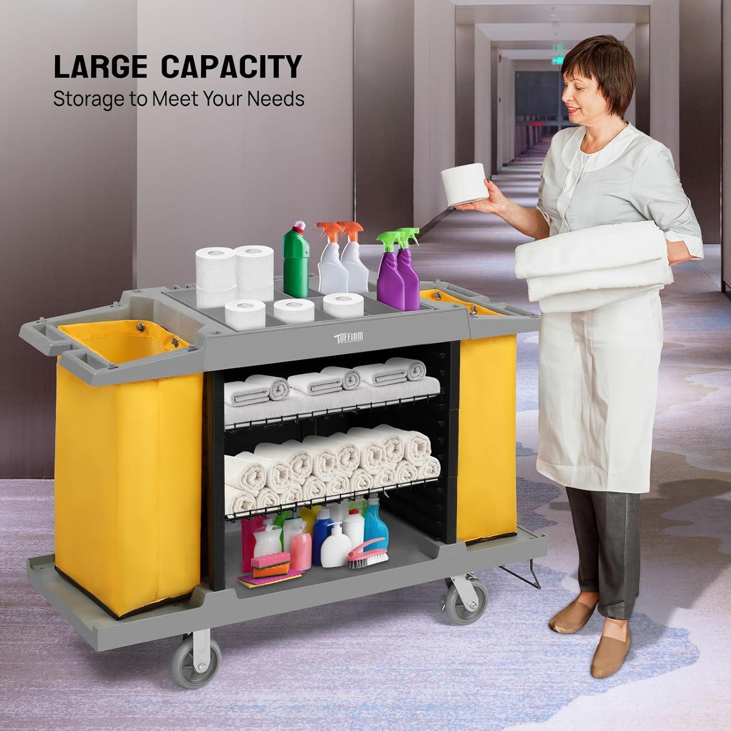 Premium Hotel & Housekeeping Cart on Wheels, 154LBS Multifunctional Commercial Cleaning Cart with Large Capacity Vingyl Bags, Comfor Grip Handles and Easy Move Casters, Gray