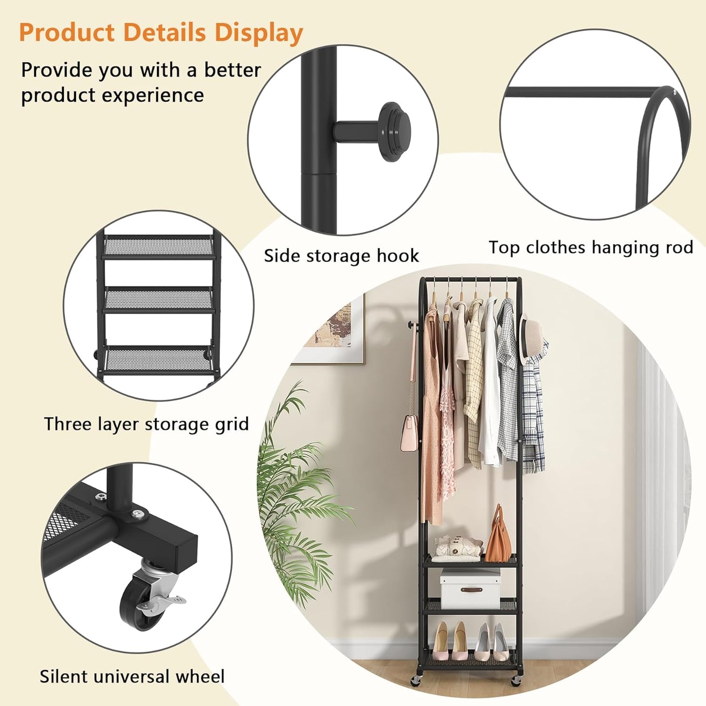 Heavy Duty Clothing Rack with Wheels,Modern Garment Rack with 3 Metal Shelves, 71.8Inches Display Rack for Hanging Clothes, Hanging Rod for Small Space,Black