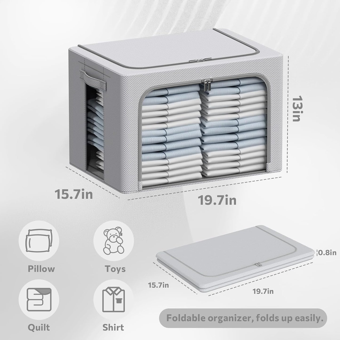 CYhom 3Pack Frame Storage Box - Clothes Storage Bin Bags Oxford Fabric Foldable Stackable Container Organizer Set with Clear Window & Carry Handles Large Capacity (Grey, Large-66L)