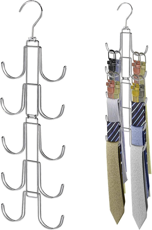 Collapsible Tie Rack Belt Organizer for Closet, Upgraded Dual-Use Belt Tie Hanger with 10 Large Hooks, Storage Up to 80 Items, Rotatable Space Saving Hanger for Closet Organizers and Storage
