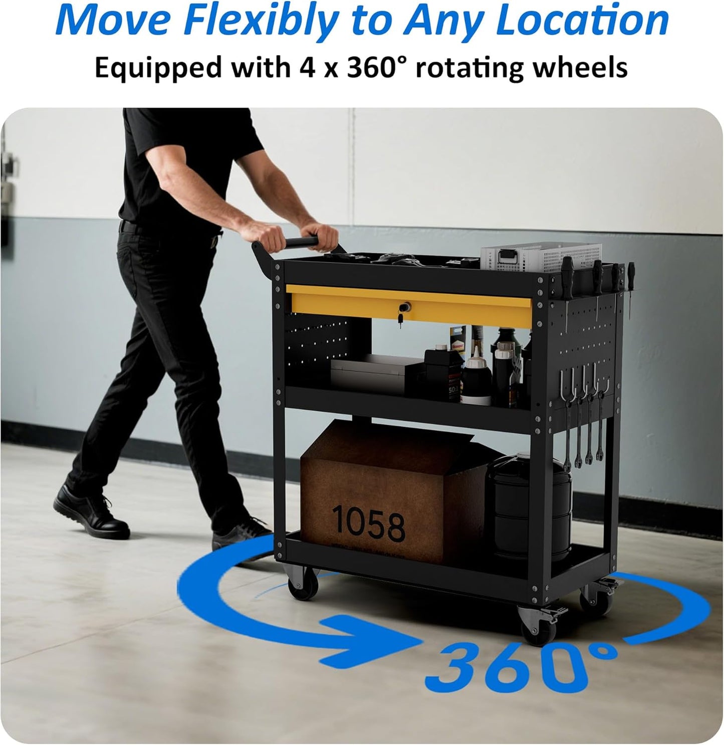 3 Tier Heavy Duty Rolling Tool Cart on Wheels with Drawer & Pegboard, 420Lbs Capacity Mobile Garage Storage Organizer Cart for Mechanics, Workshop