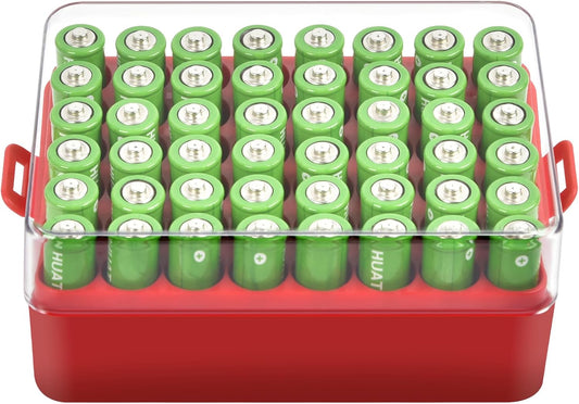 ALCYON Battery Organizer Storage Case, Battery Vault Box Container for 48pcs AA Batteries, Plastic Clear Protective Battery Holder for Travelling/Home/Office (Red, Large)