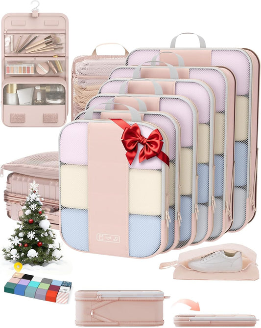 10 Set Compression Packing Cubes for Travel Gifts Women Mom,OlarHike Luggage Clothes Organizer for Travelers,Airplane/Cruise/Car/Train Travel Essentials,Compressible Expandable Saver Space Bags(Beige)