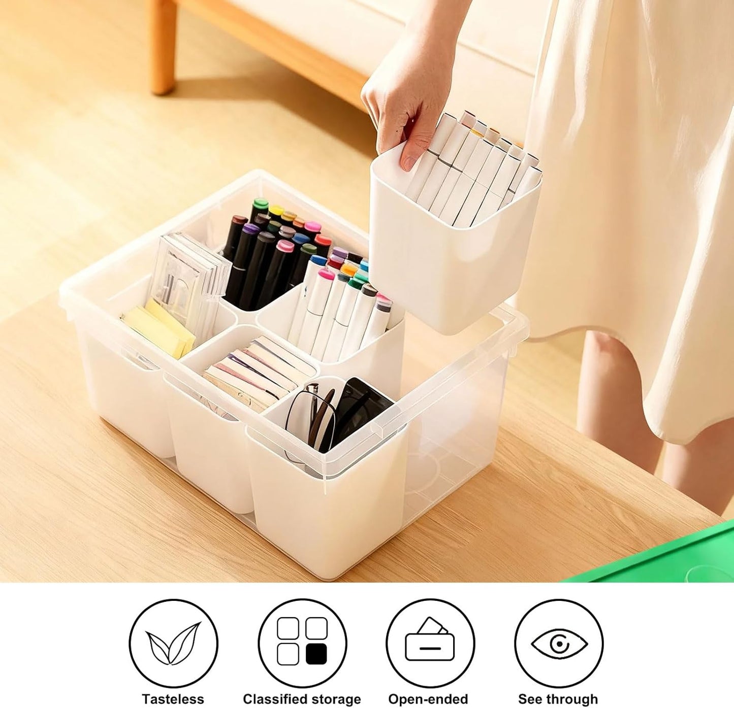 loobuu Plastic Storage Bins with Lids, Art Craft Supply Organizer Box with Brush Pot, Multipurpose Stackable Storage Containers for Organizing Tool, Craft, Crayon,Sewing (Green)