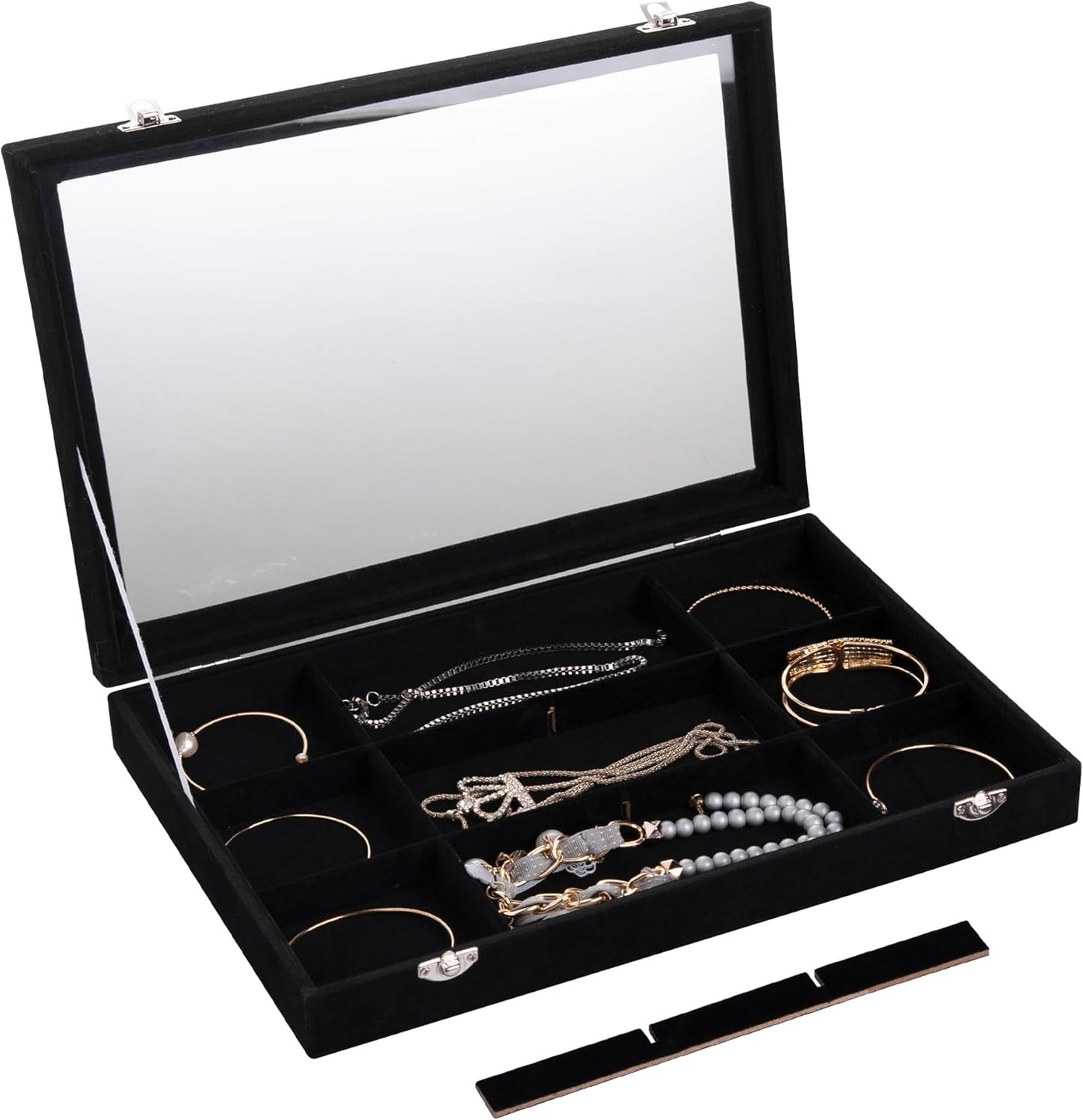 Frebeauty Velvet Jewelry Tray,12 Grid Jewelry Organizer with Clear Lid,Bracelets Holder,Jewelry Display Case with Clasp,Drawer Insert Bangle Brooch,13.8 x 9.5 x 2 Inches,Gift for Women Girls(Black)
