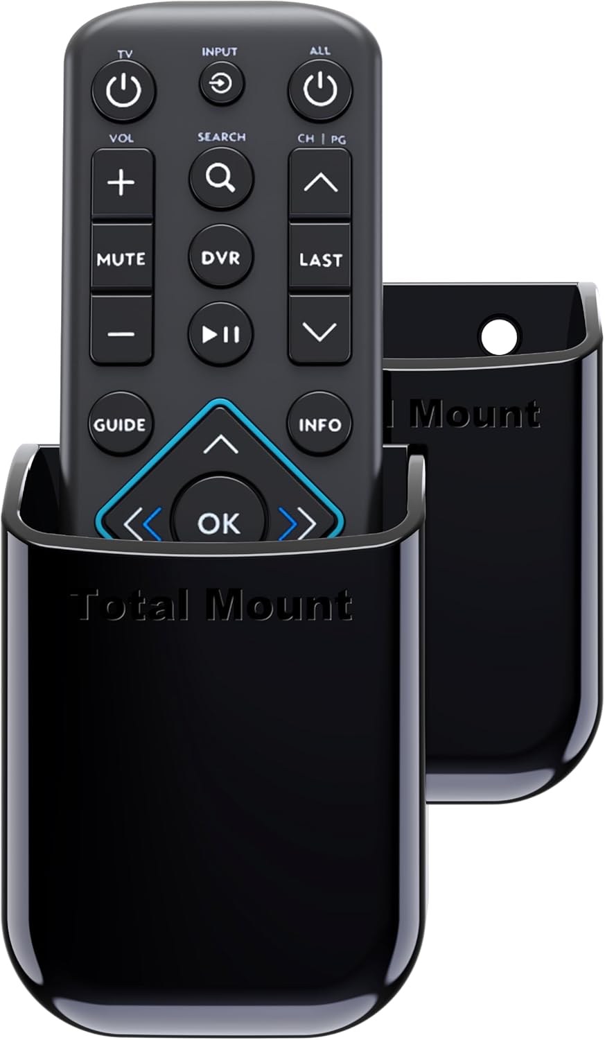 TotalMount Universal Remote Control Holders (2 Pack) – Attach to Wall or Back of TV – Compatible with All TV Remotes (Premium Black, Medium)